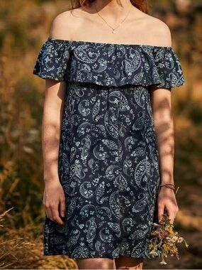 Navy Paisley Off Shoulder Mini Dress Large Boho Ruffle Flutter Sleeve